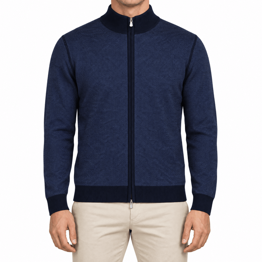 Gran Sasso Salt and Pepper Stitch Full-Zip Cardigan in Navy - Boinclo - Outlet Sale Under Retail