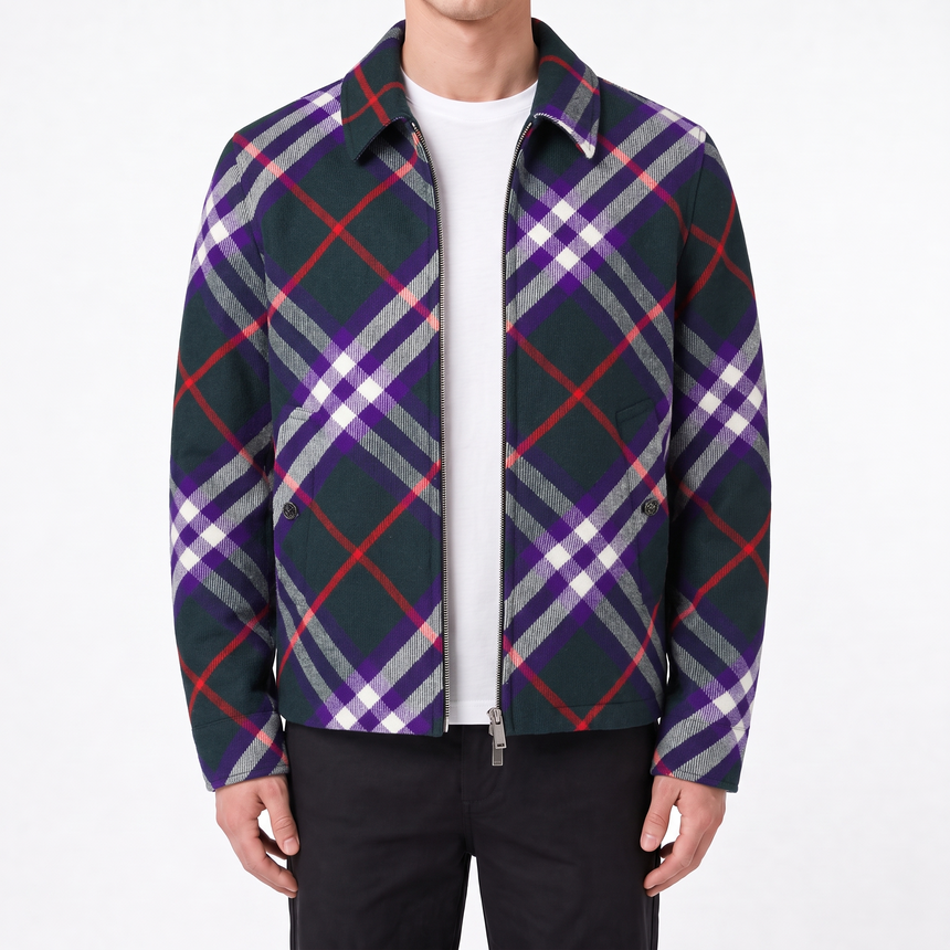 Burberry Claydon Check Wool Jacket in Dark Green and Purple Check