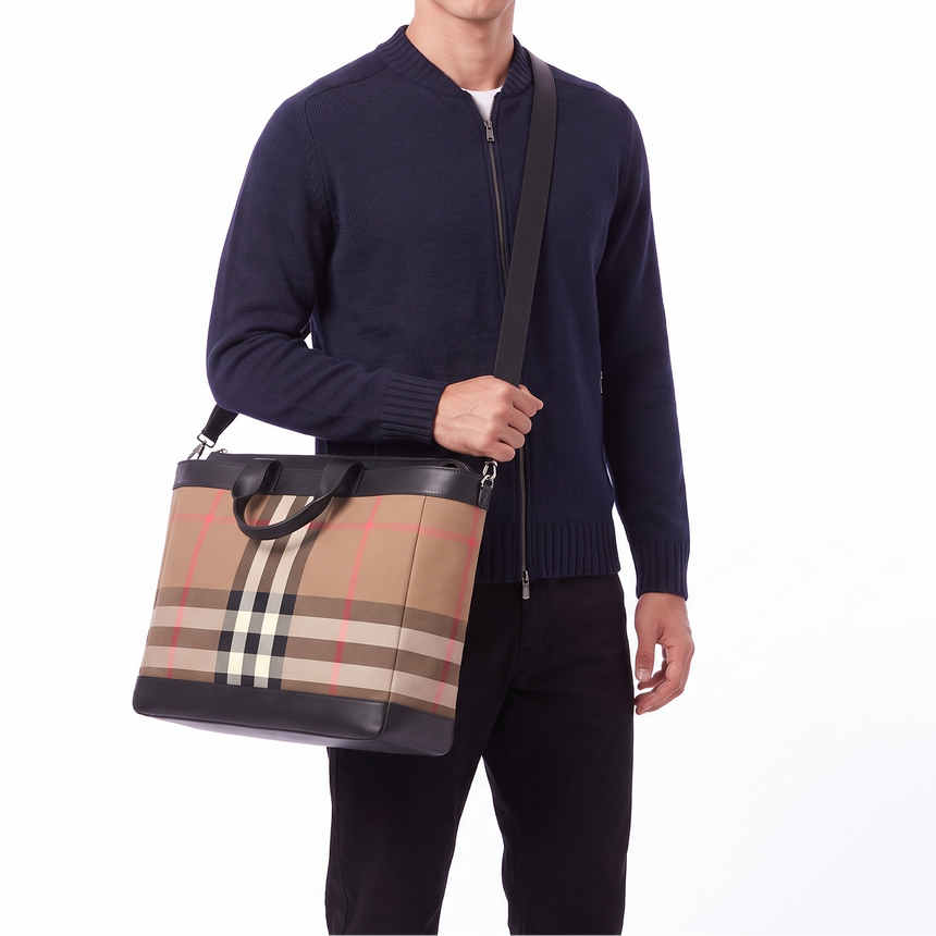 Burberry Ormond Check Nylon Tote Bag in Taupe Brown