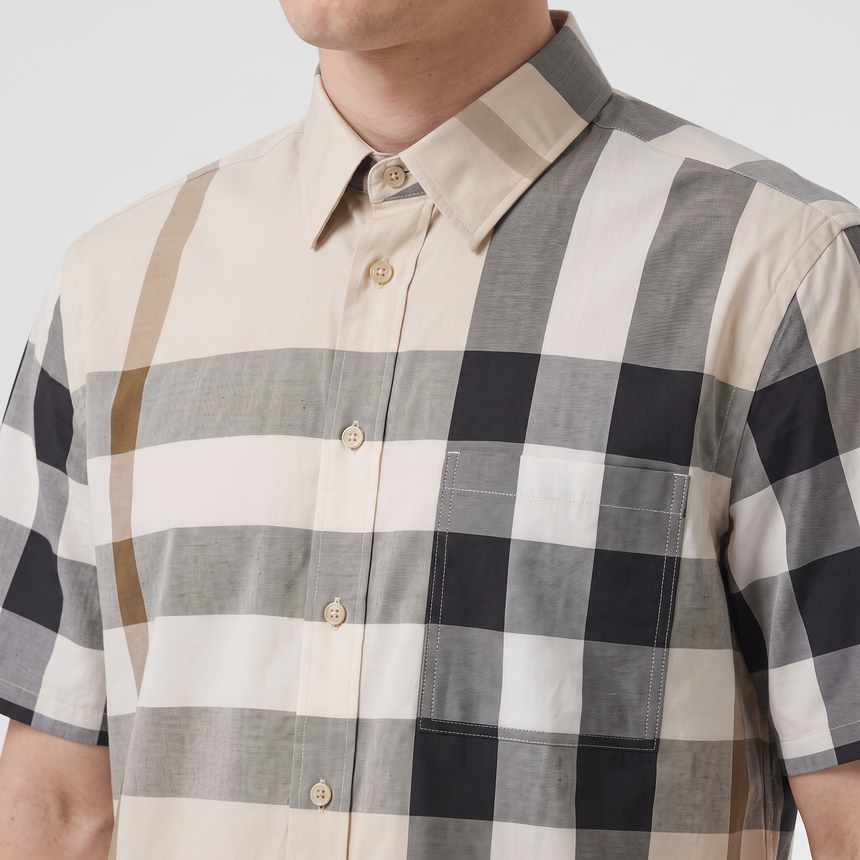 Burberry Claverdon Short-Sleeved Check Stretch Cotton Shirt in Modern Beige