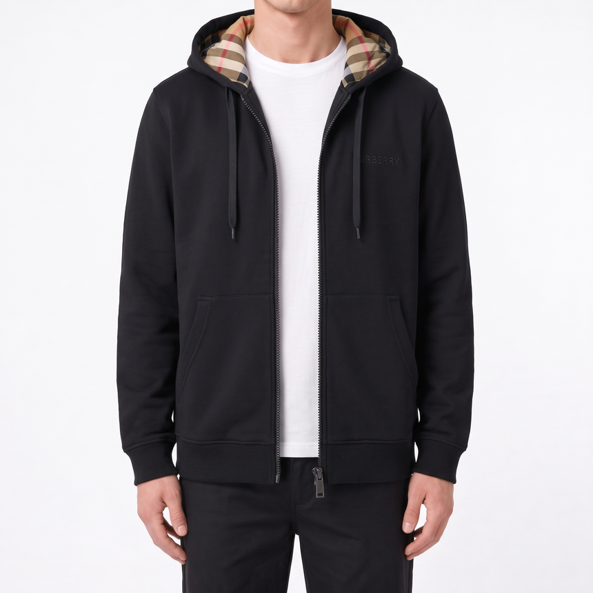 Burberry 'Hove' check Hood Embroidery Logo Hoodie Zip Sweatshirt Black