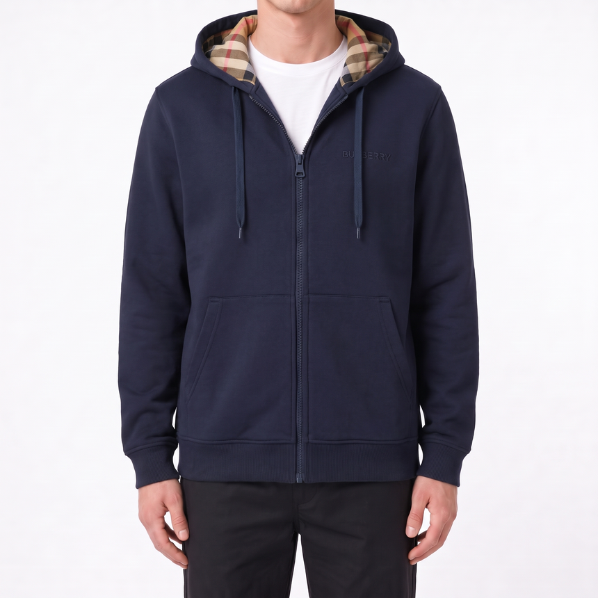 Burberry 'Hove' check Hood Embroidery Logo Hoodie Zip Sweatshirt Navy