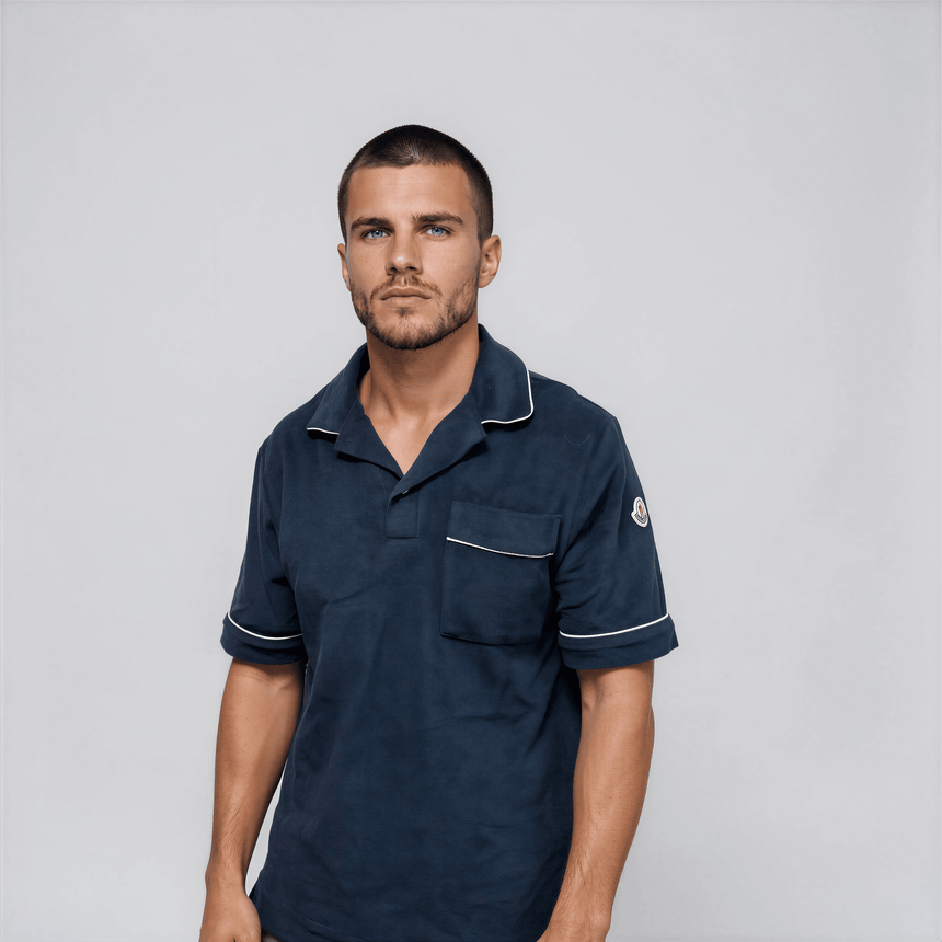 Moncler Towelling Short Sleeve Polo Shirt in Navy - Boinclo - Outlet Sale Under Retail