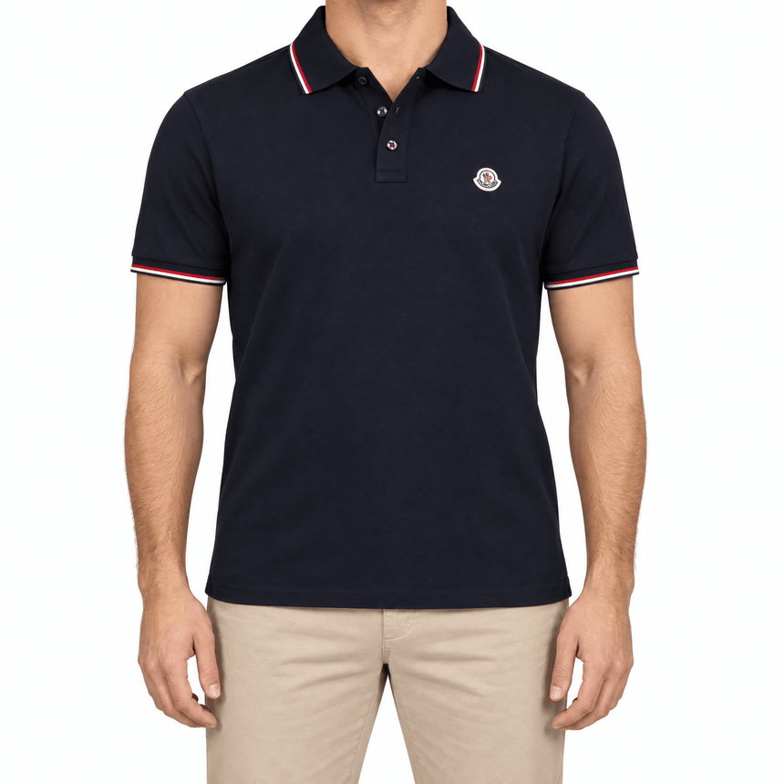 Moncler Tricolour-Trimmed Cotton Piqué Polo Shirt in Navy - Boinclo - Outlet Sale Under Retail