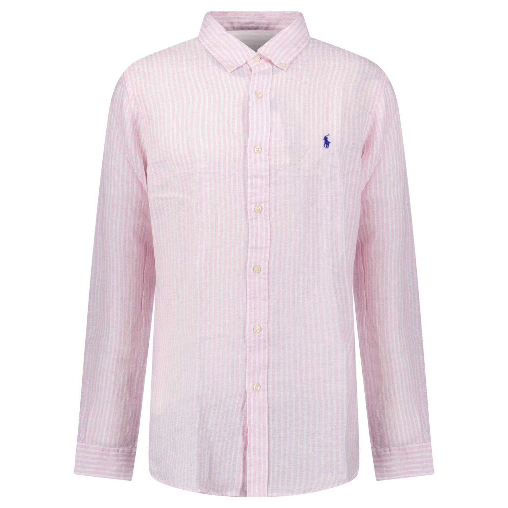 Color variation of Polo Ralph Lauren Custom Fit Stripe Linen Shirt in Pink/White