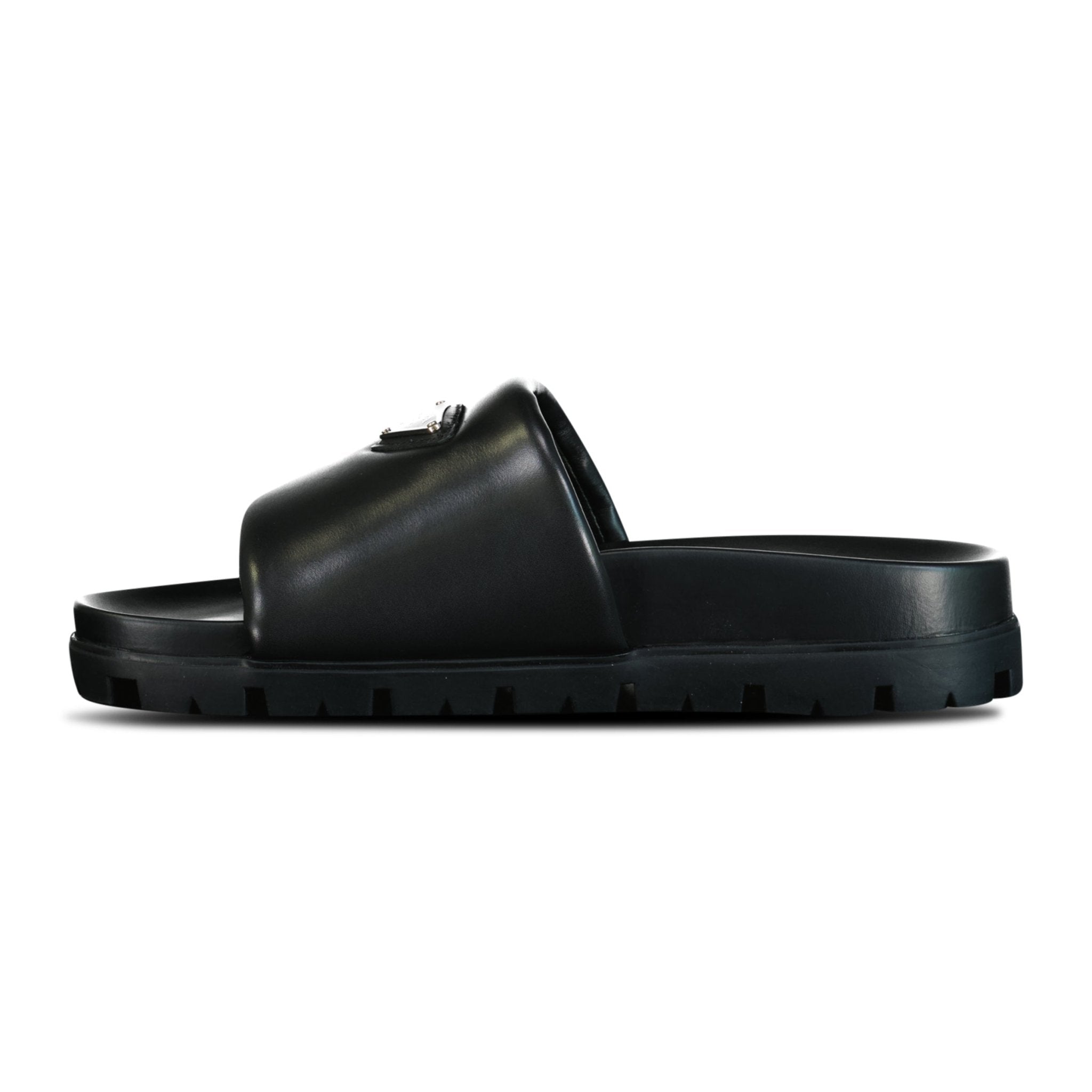 Prada Triangle Logo Chunky Nappa Leather Slides Black - Outlet Sale Always  Under Retail – Boinclo