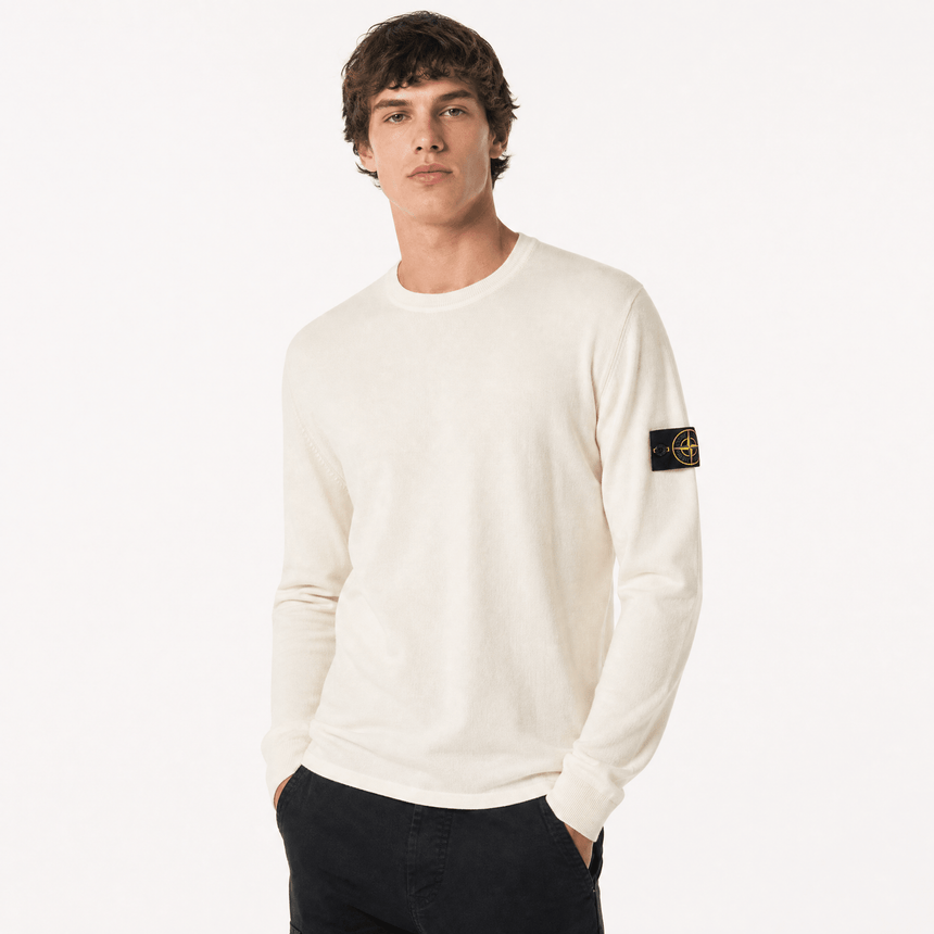 Stone Island Compass Badge Light Raw Hand Organic Cotton Jumper in Ivory - Boinclo - Outlet Sale Under Retail