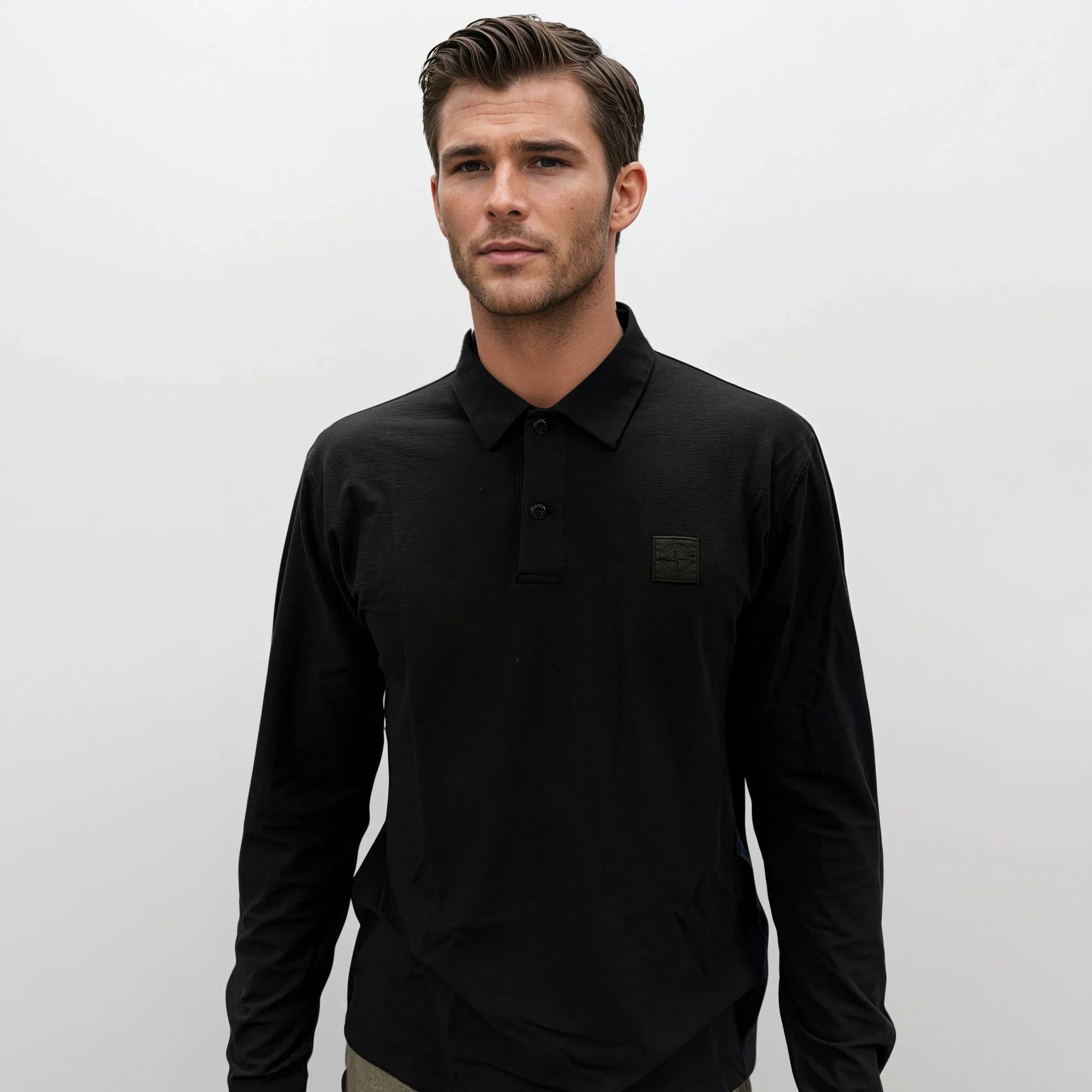 Stone Island Ghost Badge Long Sleeve Polo Shirt in Navy - Outlet