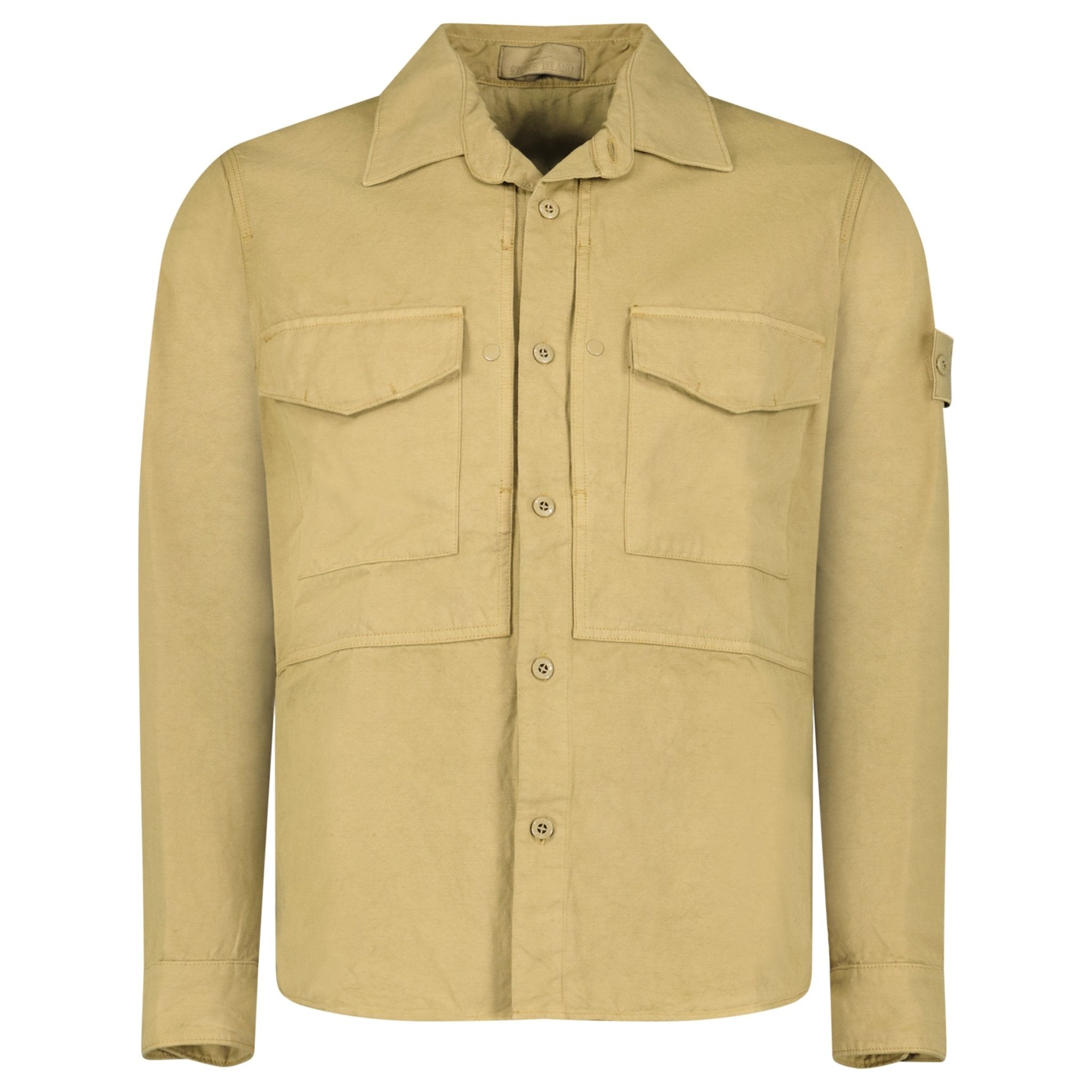 Color variation of Stone Island Ghost Cotton Linen Canvas Overshirt in Dark Beige