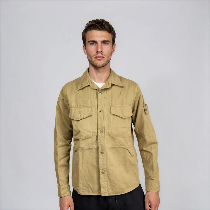 Stone Island Ghost Cotton Linen Canvas Overshirt in Dark Beige - Boinclo - Outlet Sale Under Retail