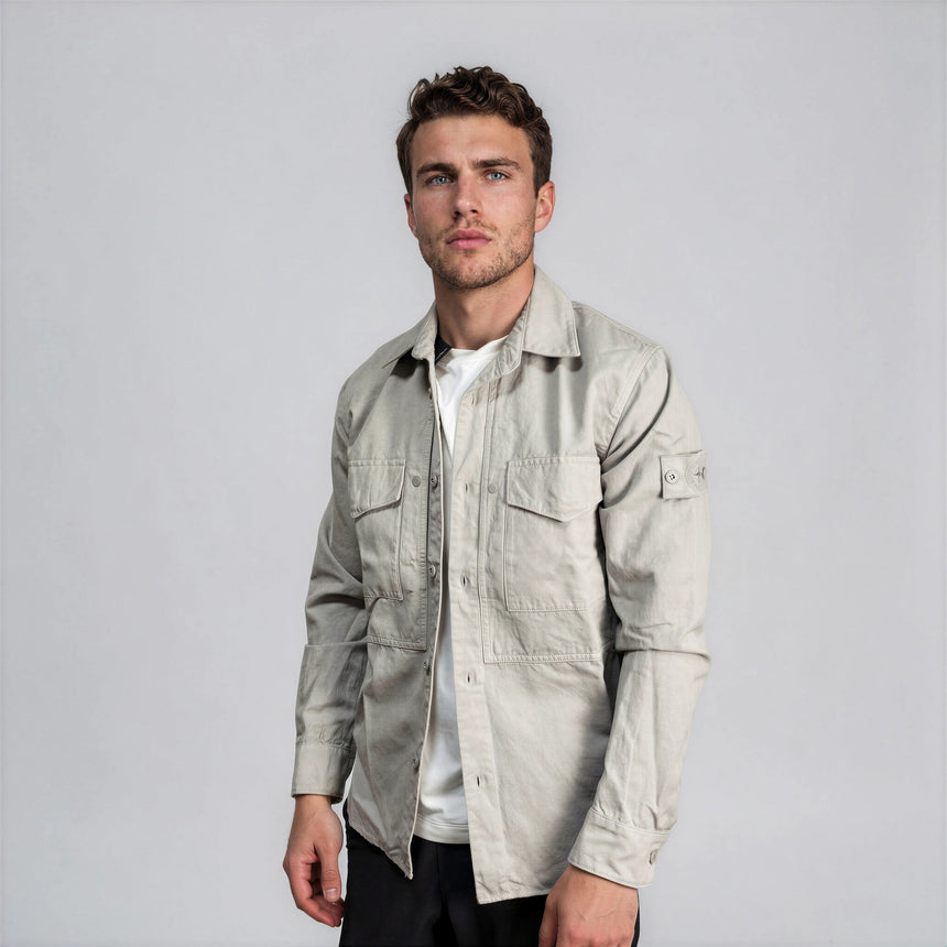 Stone Island Ghost Cotton Linen Canvas Overshirt in Dust Grey - Boinclo - Outlet Sale Under Retail