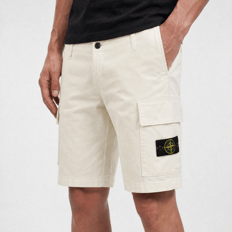 Stone Island Organic Cotton Stretch Broken Twill 'Old' Effect Cargo Shorts in Ivory - Boinclo - Outlet Sale Under Retail