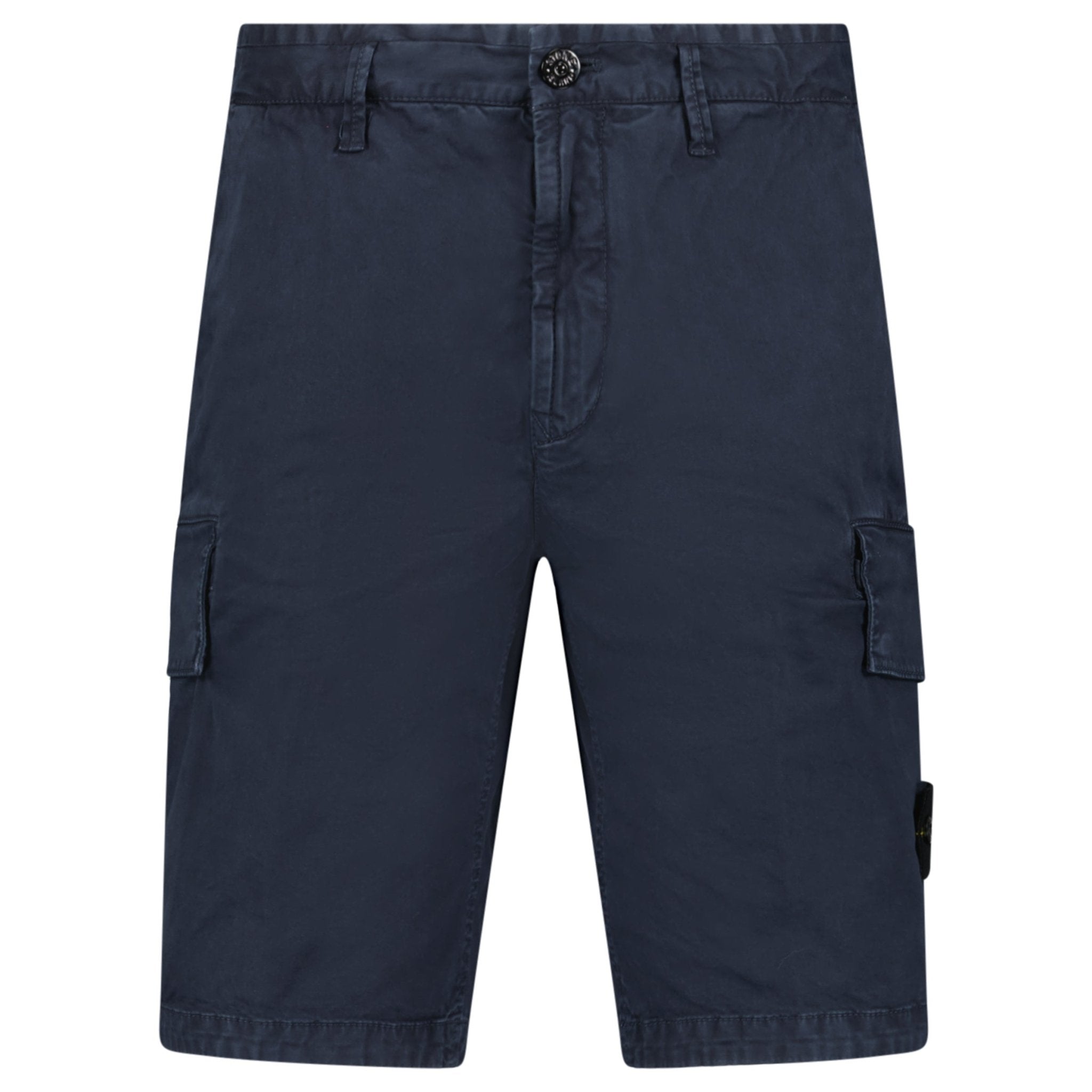 Color variation of Stone Island Organic Cotton Stretch Broken Twill 'Old' Effect Cargo Shorts in Navy