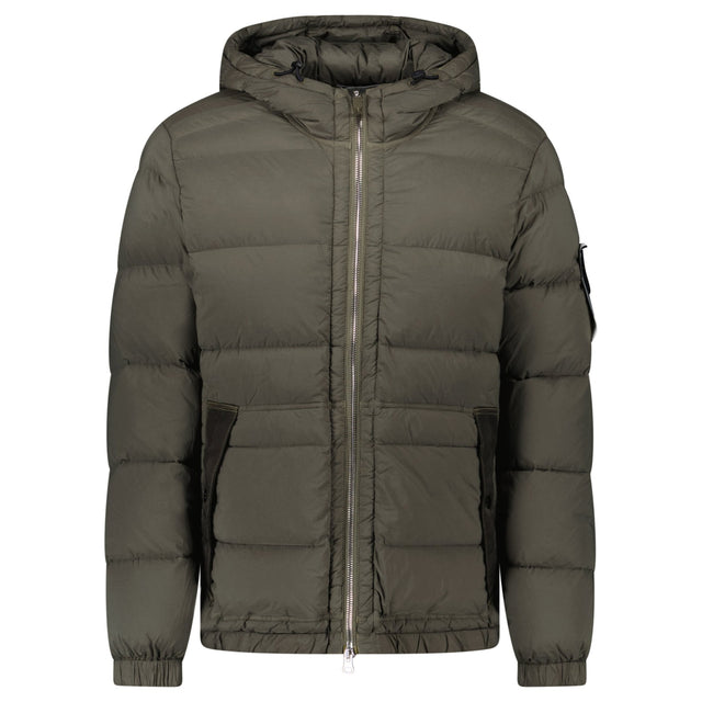 Stone Island Hooded Down Jacket with Seamless Feather Tunnels in Military Green - Boinclo - Outlet Sale Under Retail